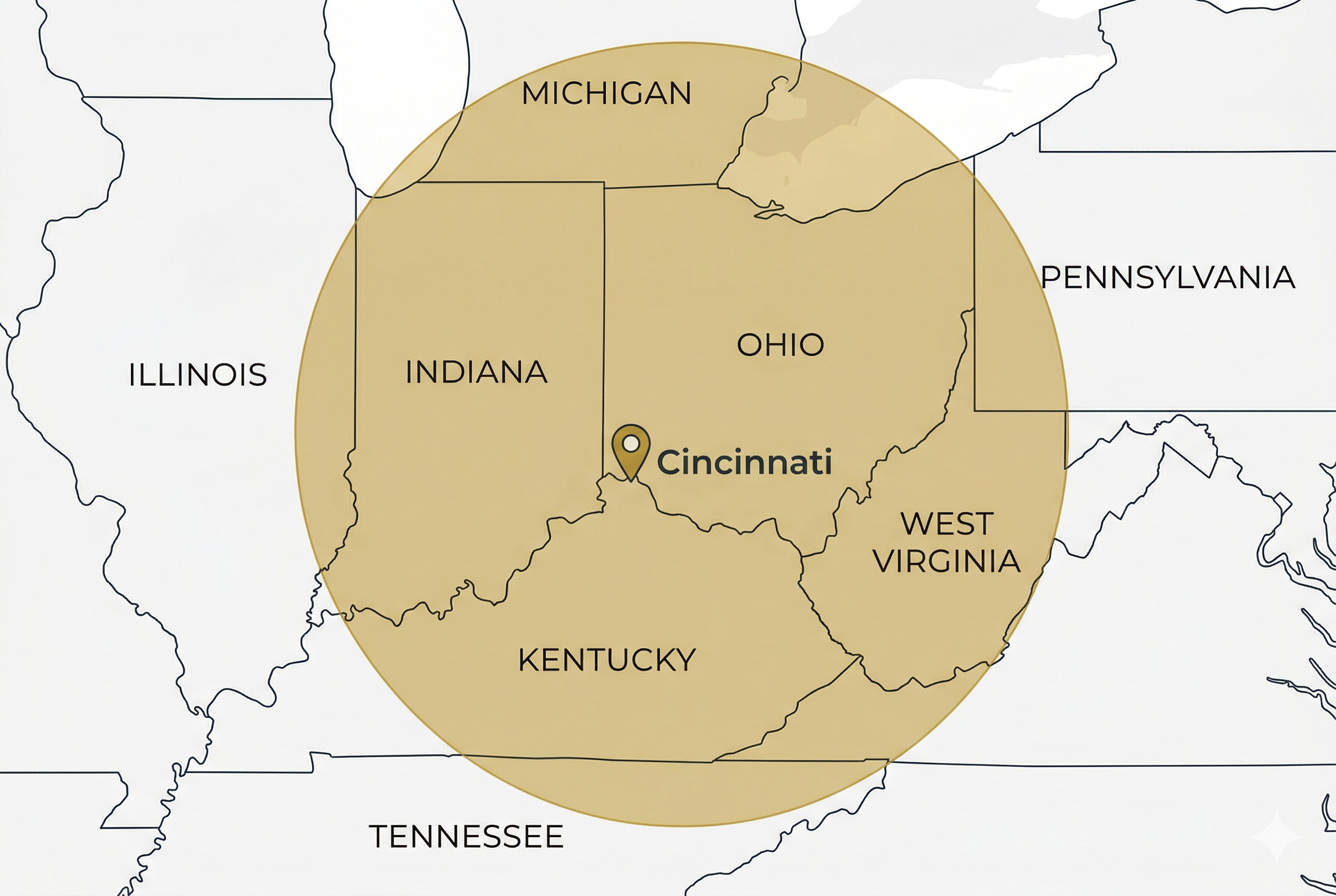 Title IX defense service area map showing University of Cincinnati coverage across Ohio, Kentucky, Indiana, and Michigan from Cincinnati