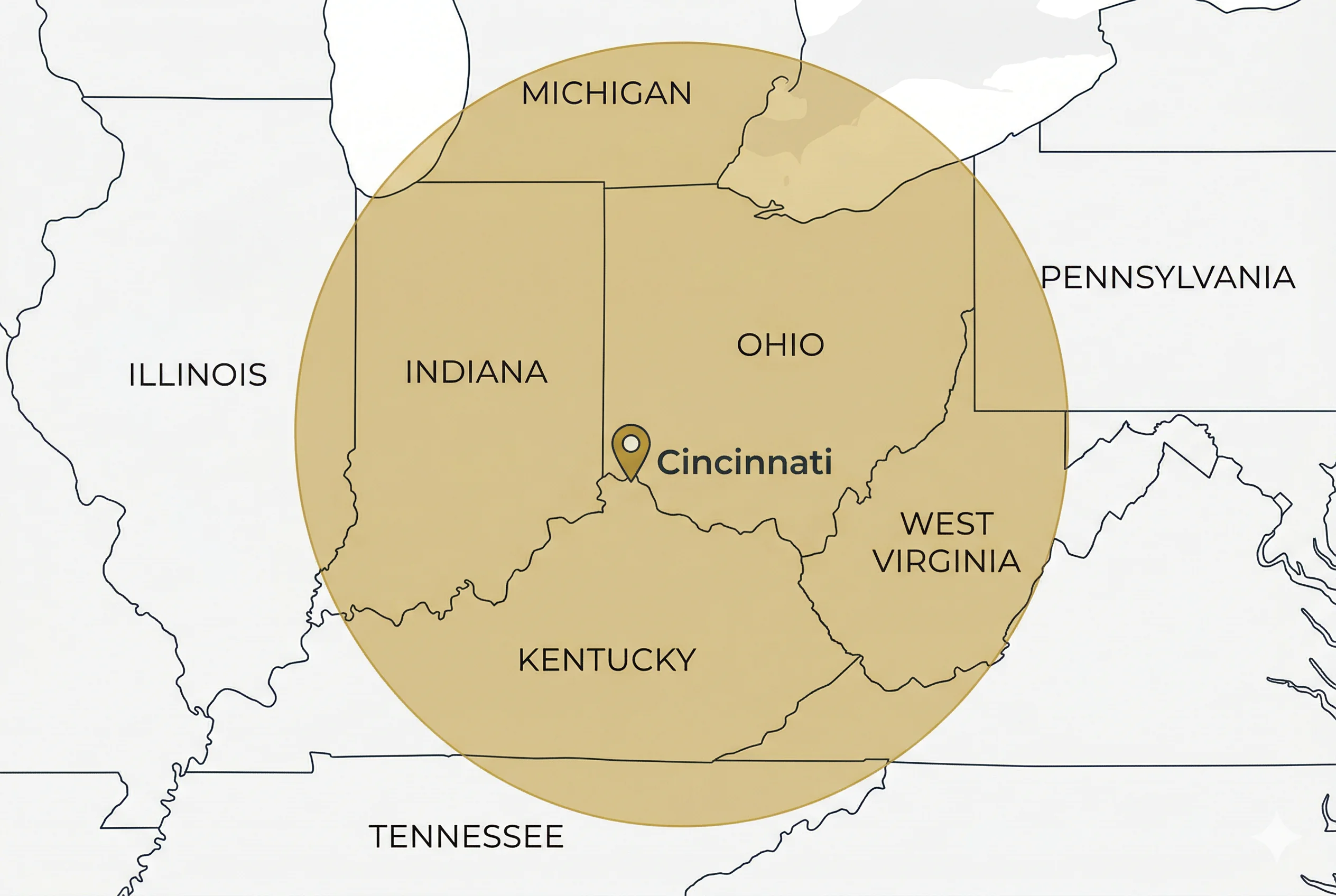 Title IX defense service area map showing The Wieczorek Law Firm coverage across Ohio, Kentucky, Indiana, Michigan, West Virginia, Tennessee, Pennsylvania, and Illinois from Cincinnati